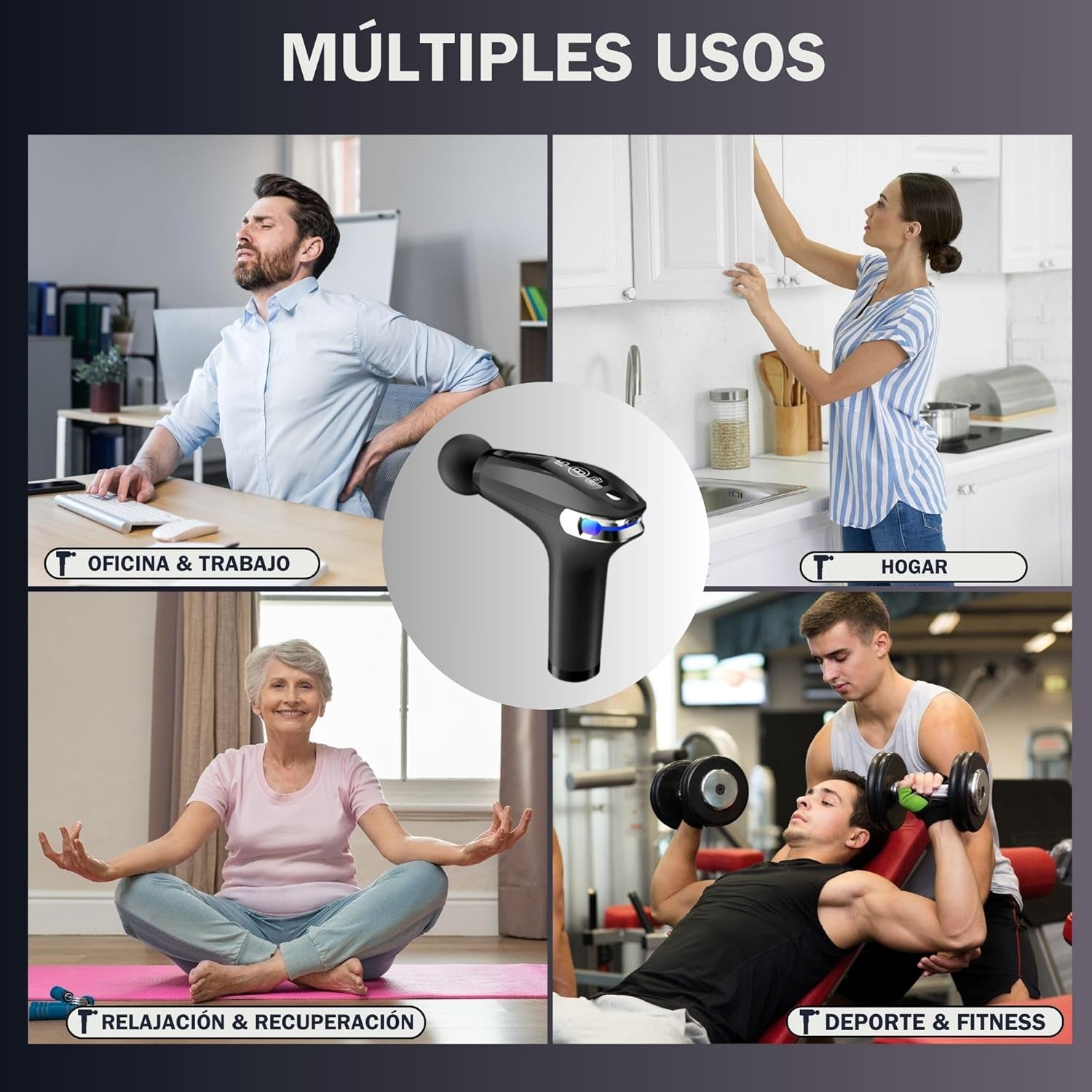 Pistolet De Massage Musculaire À Percussion Avec Manche Extensible Pour Tout Le Corps, Masseur Cervical Et Dos En Tissu Profond, Pistolet De Massage Électrique, 9 Modes Et 4 Têtes. Soulage Les