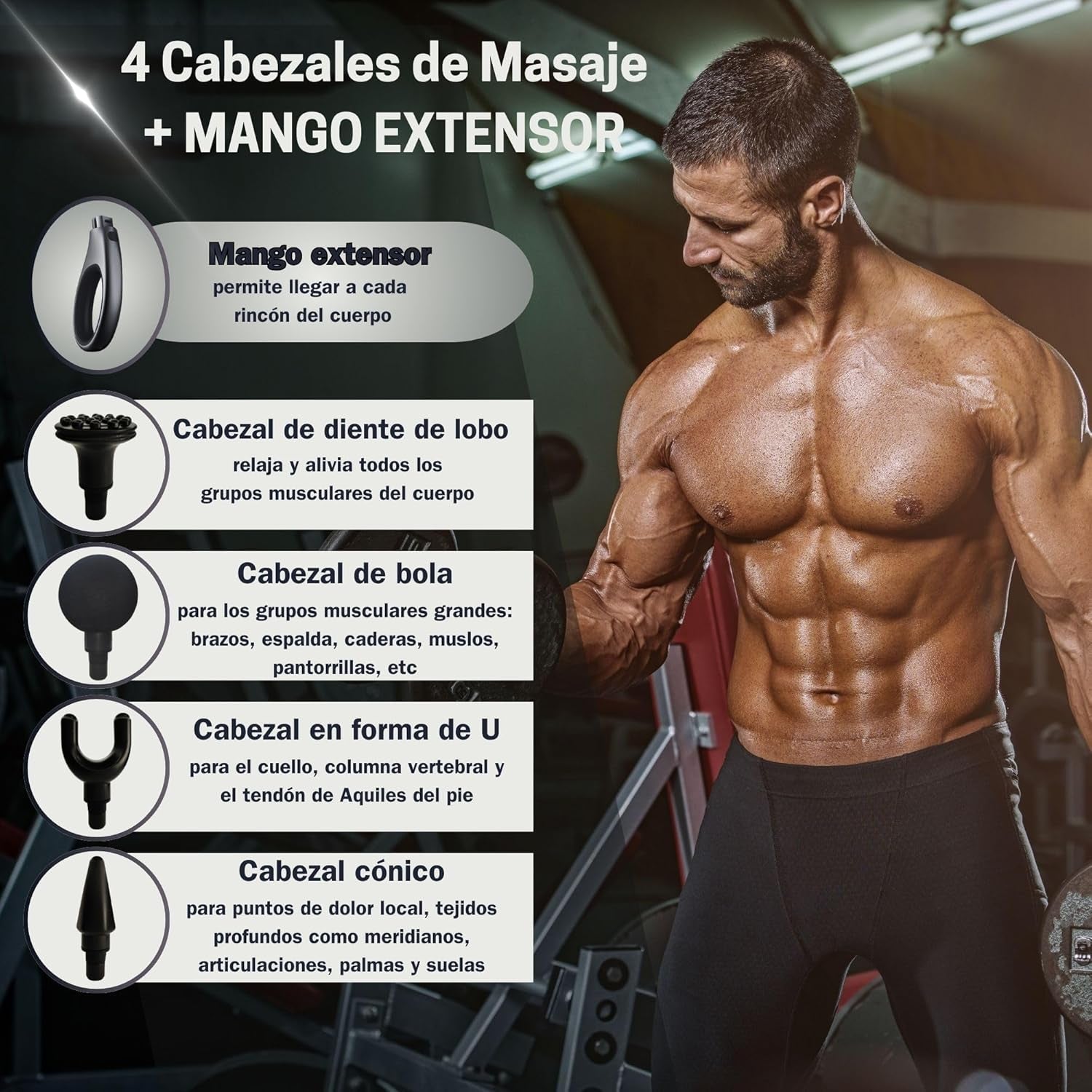 Pistolet De Massage Musculaire À Percussion Avec Manche Extensible Pour Tout Le Corps, Masseur Cervical Et Dos En Tissu Profond, Pistolet De Massage Électrique, 9 Modes Et 4 Têtes. Soulage Les